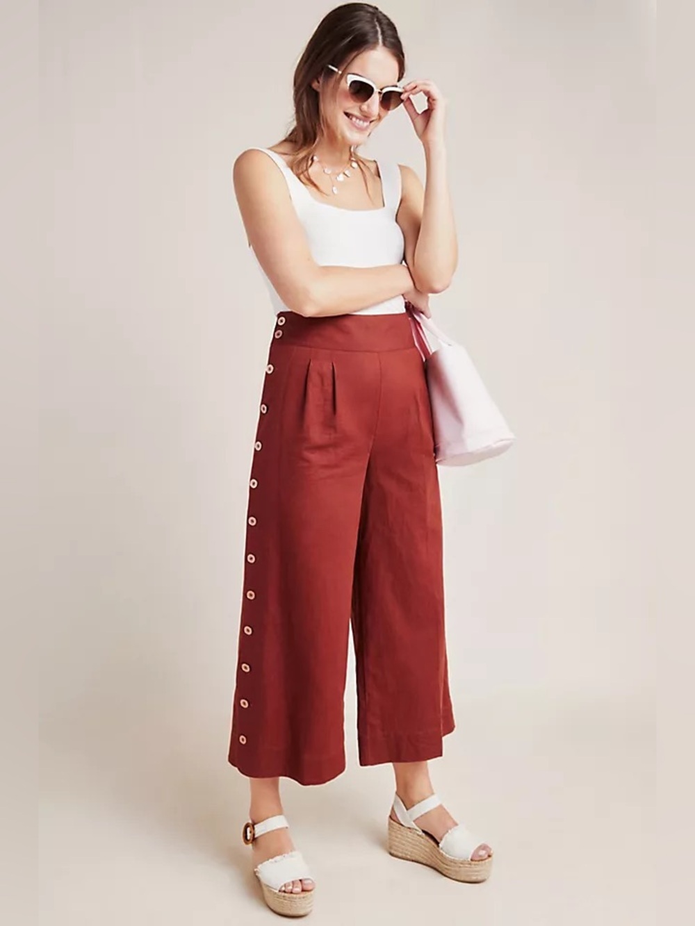 Anthropologie Wide Leg High Waist Linen Pant Button Leg Detail Size 4